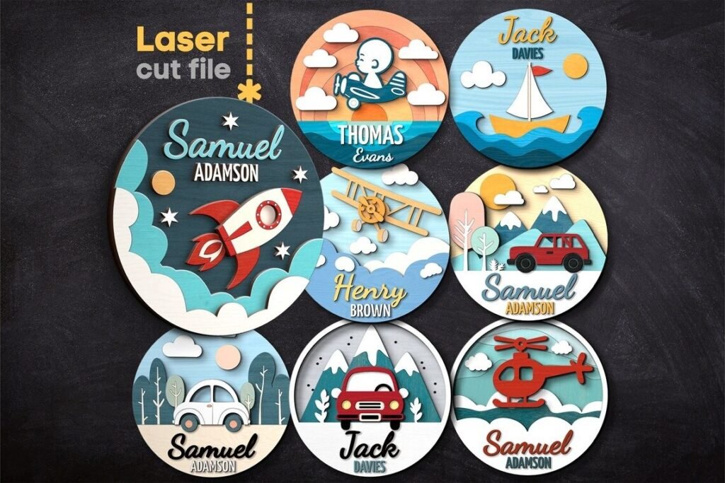 signo de nombre de bebé. Archivo cortado por láser para Glowforge, Car Rocket