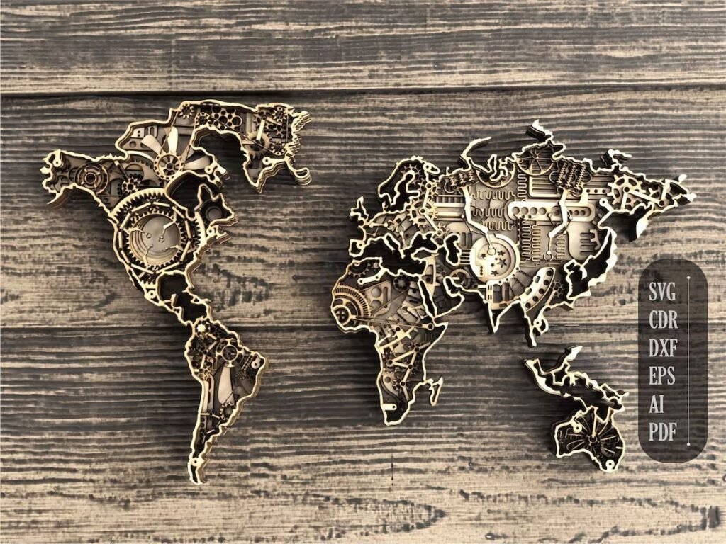 Steampunk World Map globo tierra svg, dibujos en capas para equipos de corte CNC